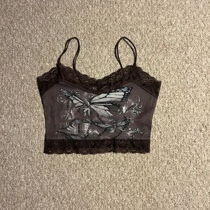 ROMWE Goth Butterfly Print Lace Trim Cami Top